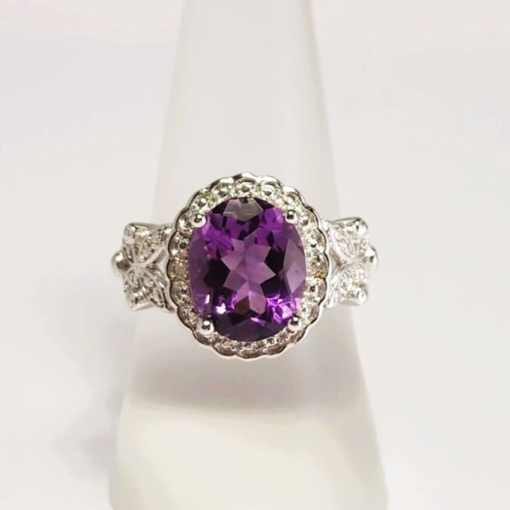 Amethyst Halo Ring 3.1 Carats Sterling Silver Size 7